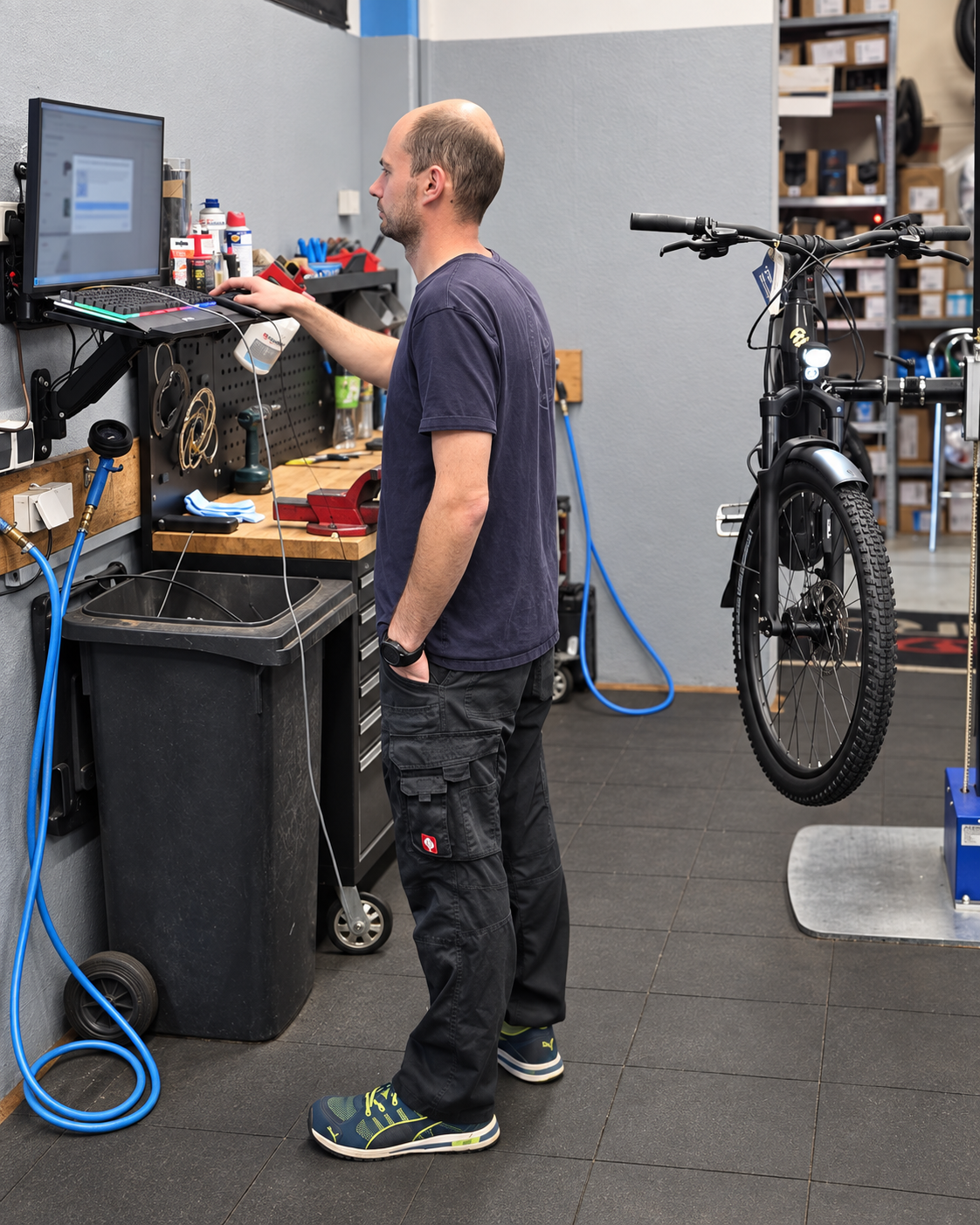 Mitarbeiter am Diagnosecomputer neben einem E-Bike in der Radwerk-Werkstatt Karlsruhe